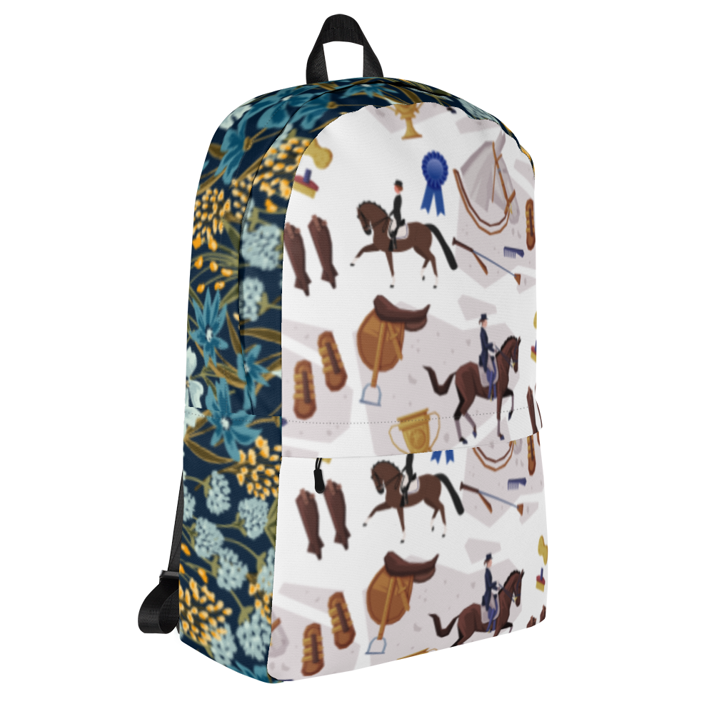 Canter and Charm Equestrian Show Collage Backpack, Horse Lover Bag, Show Season Accessory, Blue Ribbon Floral Design, Stylish & Practical, Laptop Compartment
