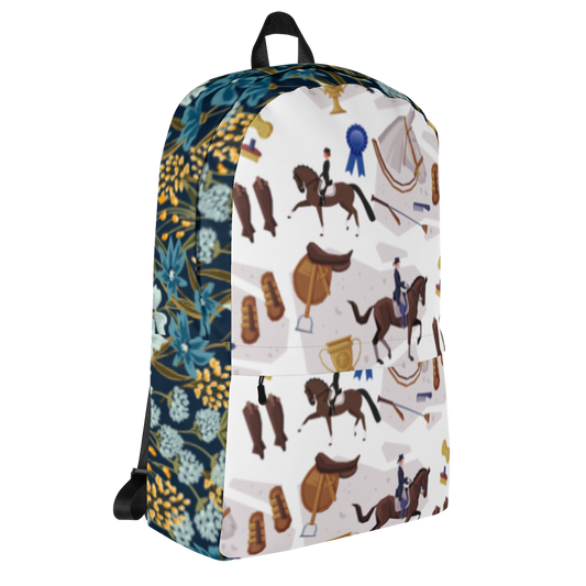 Canter and Charm Equestrian Show Collage Backpack, Horse Lover Bag, Show Season Accessory, Blue Ribbon Floral Design, Stylish & Practical, Laptop Compartment