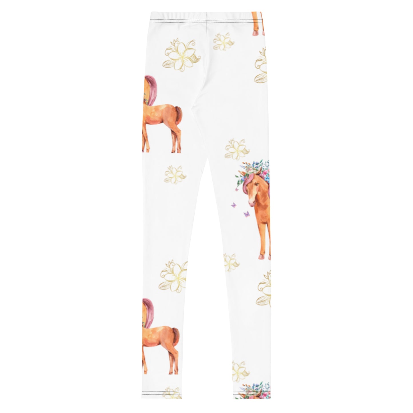 Whimsical Watercolor Horse Youth Leggings - Equestrian Kids, Floral Crown, Stretchy & Soft, Spandex, UV Protection, Horse Lover Gift