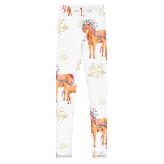 Whimsical Watercolor Horse Youth Leggings - Equestrian Kids, Floral Crown, Stretchy & Soft, Spandex, UV Protection, Horse Lover Gift