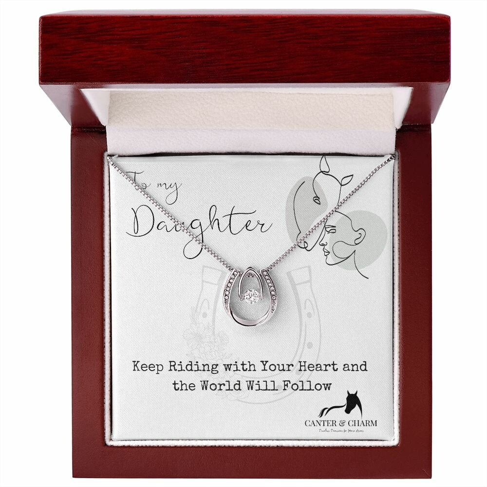 To My Daughter Horse Necklace - Equestrian Jewelry, Heartfelt Riding Message, Inspirational Gift, White Gold Plated, Cubic Zirconia Pendant