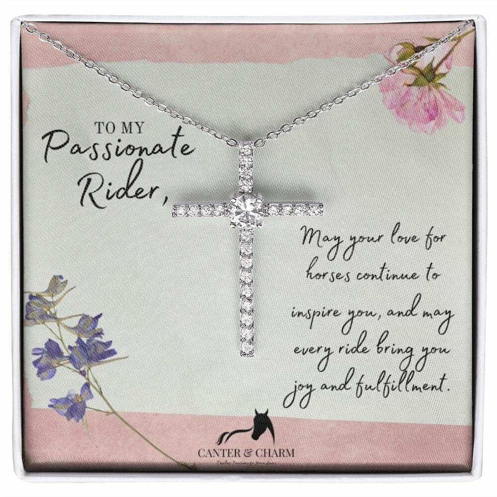 To My Passionate Rider Horse Necklace - Equestrian Jewelry, Inspirational Message, Love for Horses, White Gold Dipped, CZ Cross Pendant