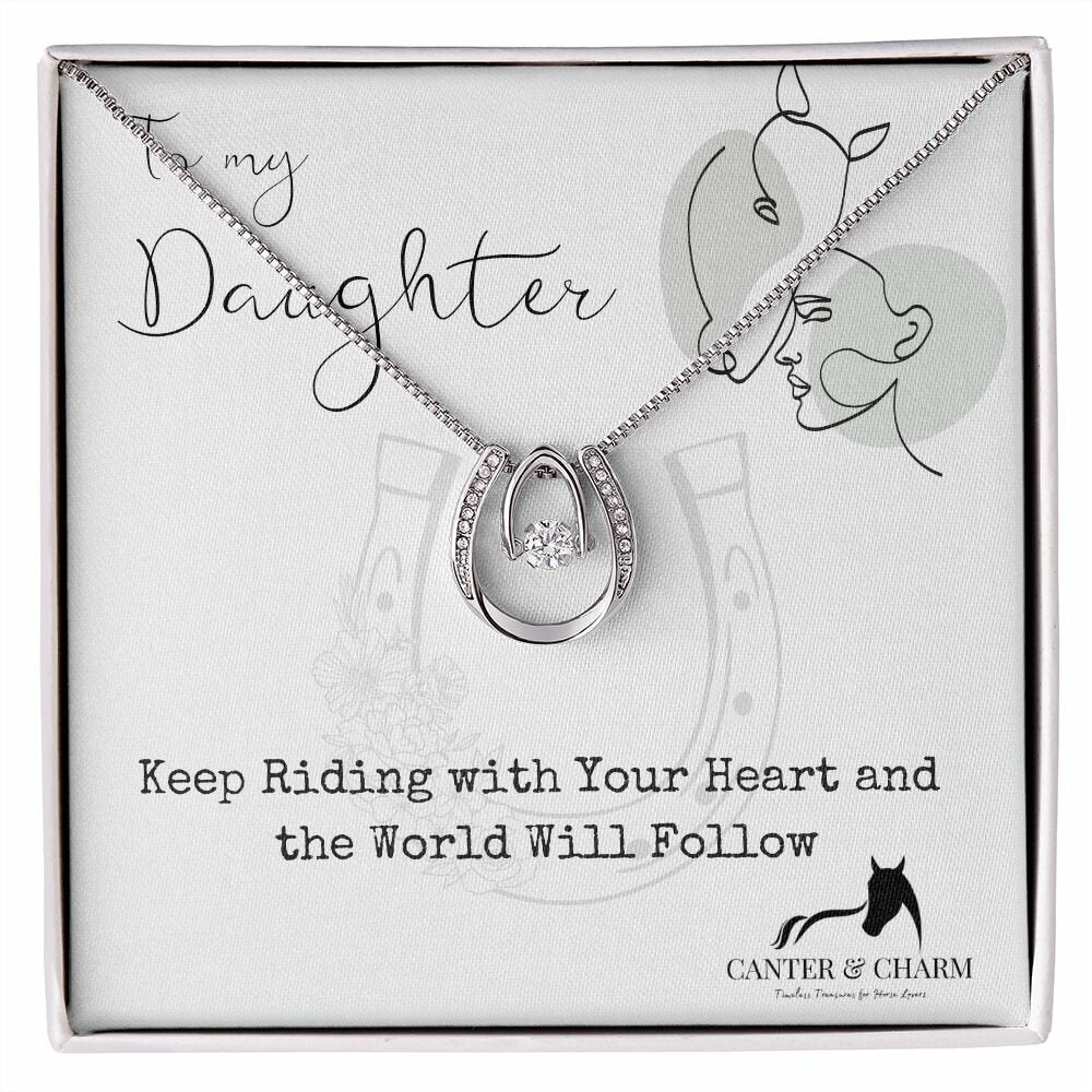 To My Daughter Horse Necklace - Equestrian Jewelry, Heartfelt Riding Message, Inspirational Gift, White Gold Plated, Cubic Zirconia Pendant