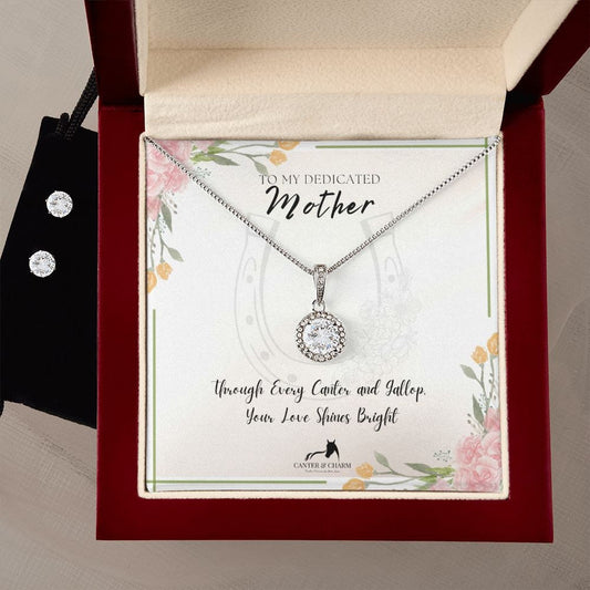 To My Dedicated Mother Horse Necklace and CZ Earring Set - Equestrian Gift, Mother's Love, Canter and Gallop, White Gold Plated, Crystals