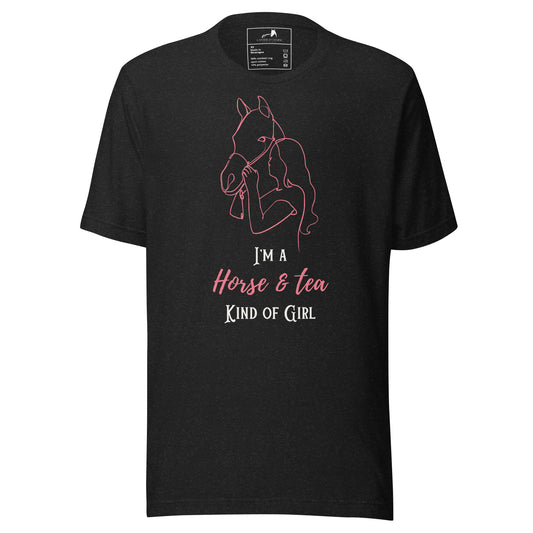 Horse & Tea Kind of Girl Tee - Adult Crew Neck - Equestrian Apparel - Horse Lover Gift - Pink Line Drawing - Equine Fashion