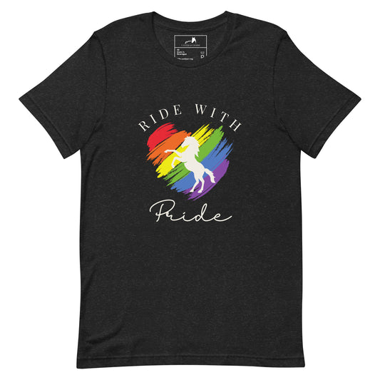 Ride With Pride: LGBTQ+ Brush Stroke Rainbow Heart & Horse Silhouette Tee - Celebrate Pride Month