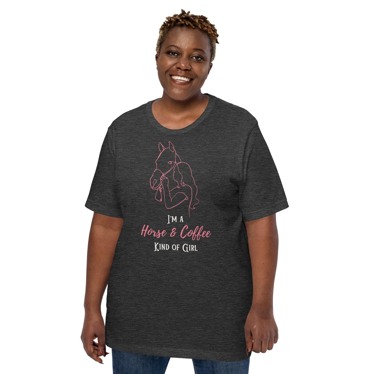 Horse & Coffee Kind of Girl Tee - Adult Crew Neck - Equestrian Apparel - Horse Lover Gift - Pink Line Drawing - Equine Fashion
