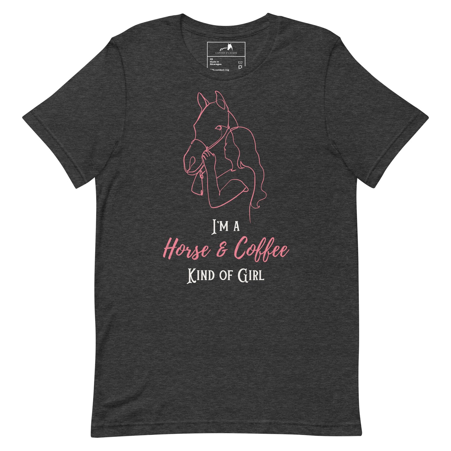 Horse & Coffee Kind of Girl Tee - Adult Crew Neck - Equestrian Apparel - Horse Lover Gift - Pink Line Drawing - Equine Fashion