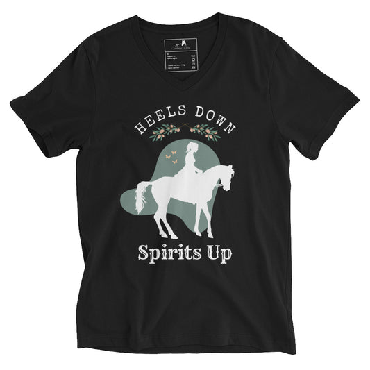 V-Neck Heels Down, Spirits Up Boho Horse Tee - Unisex, Adult Sizes - Equestrian Apparel - Horse Lover Gift - Equine Fashion
