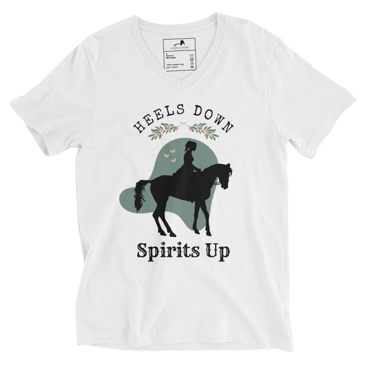 V-Neck Heels Down, Spirits Up Boho Horse Tee - Unisex, Adult Sizes - Equestrian Apparel - Horse Lover Gift - Equine Fashion