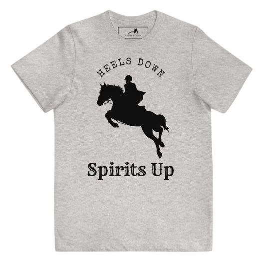 Heels Down, Spirits Up Equitation Jumping Horse Youth Tee - Crew Neck, Youth Sizes - Equestrian Apparel - Horse Lover Gift - Equine Fashion