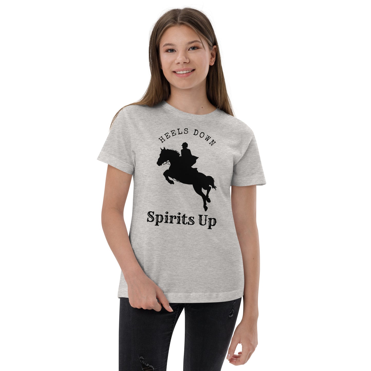 Heels Down, Spirits Up Equitation Jumping Horse Youth Tee - Crew Neck, Youth Sizes - Equestrian Apparel - Horse Lover Gift - Equine Fashion