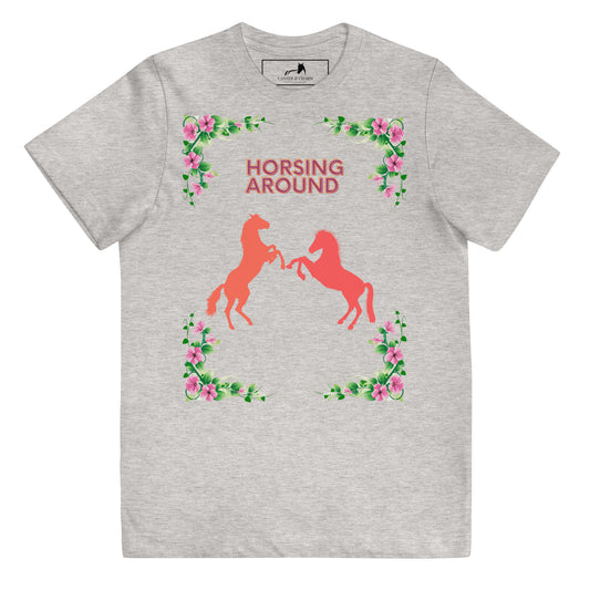 Elegant Horse Silhouette Tee - Youth, Colorful Design, Floral Accents, Soft Jersey, Comfortable, Equestrian Apparel, Perfect Gift