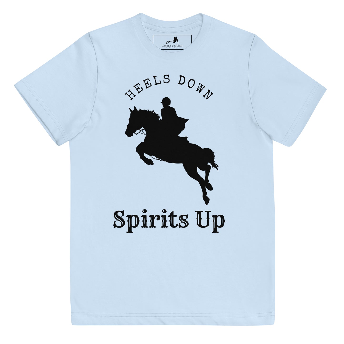 Heels Down, Spirits Up Equitation Jumping Horse Youth Tee - Crew Neck, Youth Sizes - Equestrian Apparel - Horse Lover Gift - Equine Fashion