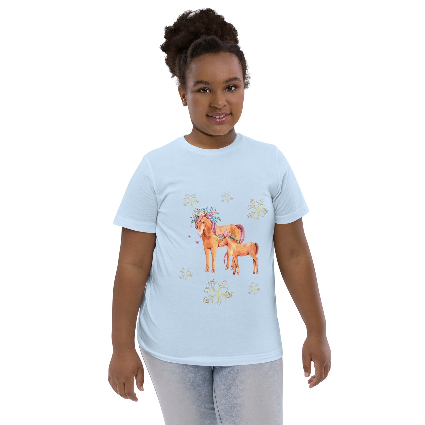 Whimsical Watercolor Horse and Foal Flower Crown Youth Tee - 100% Cotton, Soft Jersey, Equestrian Kids T-Shirt, Horse Lover Gift