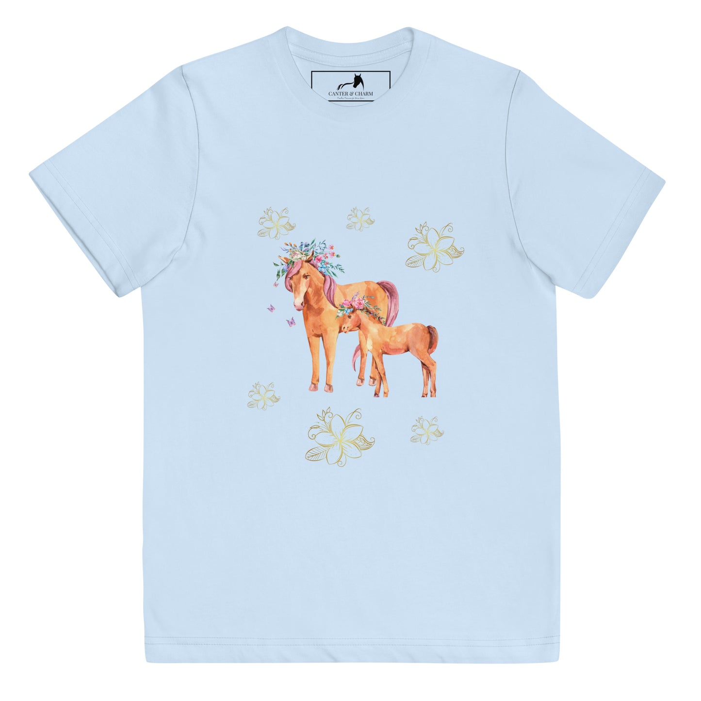 Whimsical Watercolor Horse and Foal Flower Crown Youth Tee - 100% Cotton, Soft Jersey, Equestrian Kids T-Shirt, Horse Lover Gift