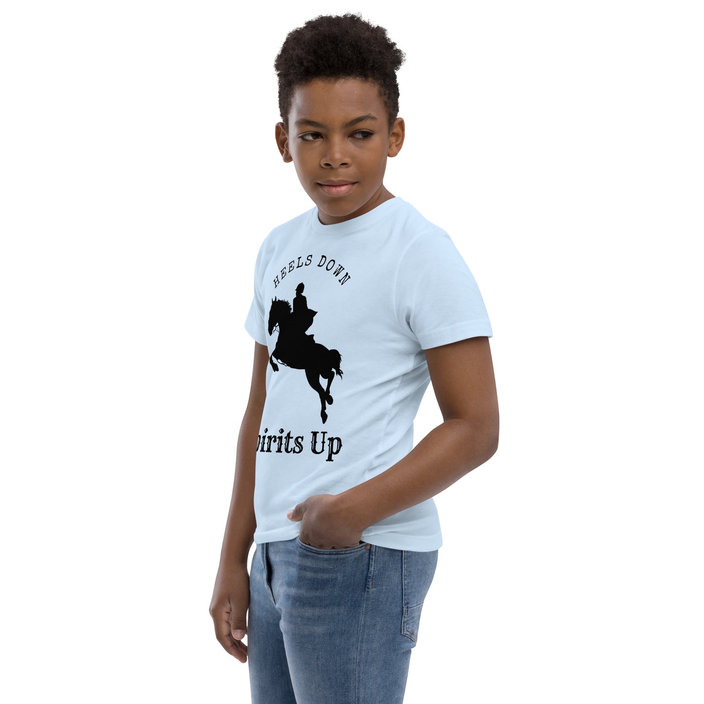 Heels Down, Spirits Up Equitation Jumping Horse Youth Tee - Crew Neck, Youth Sizes - Equestrian Apparel - Horse Lover Gift - Equine Fashion