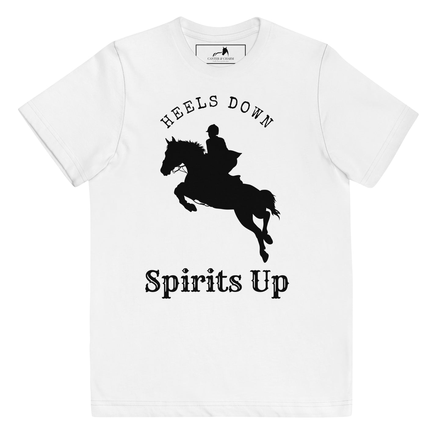 Heels Down, Spirits Up Equitation Jumping Horse Youth Tee - Crew Neck, Youth Sizes - Equestrian Apparel - Horse Lover Gift - Equine Fashion