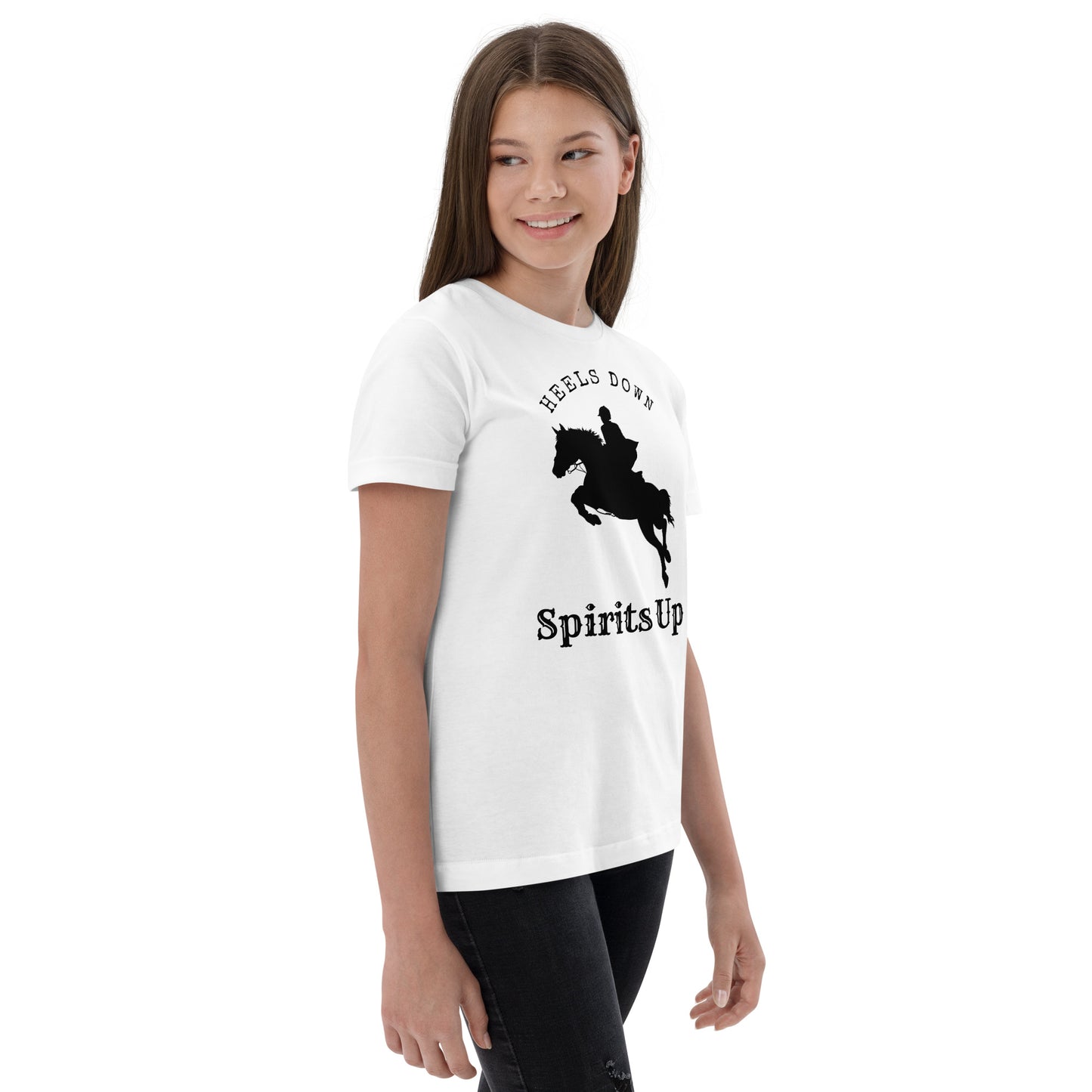 Heels Down, Spirits Up Equitation Jumping Horse Youth Tee - Crew Neck, Youth Sizes - Equestrian Apparel - Horse Lover Gift - Equine Fashion