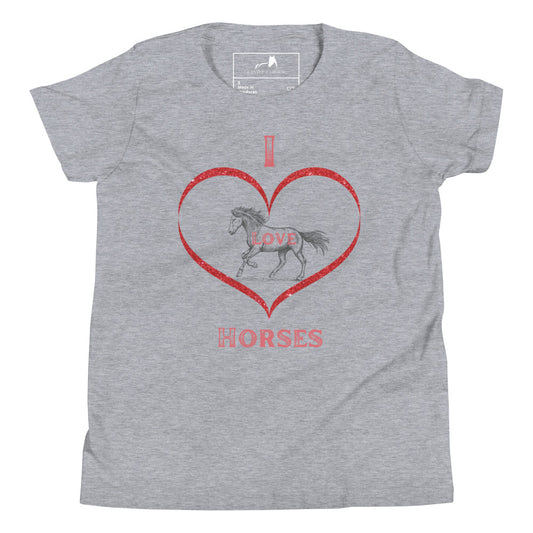 I Love Horses Youth Tee - Equestrian Shirt, Horse Line Drawing, Red Heart Design, Kids Horse Lover T-Shirt, Girls & Boys Soft Cotton Tee