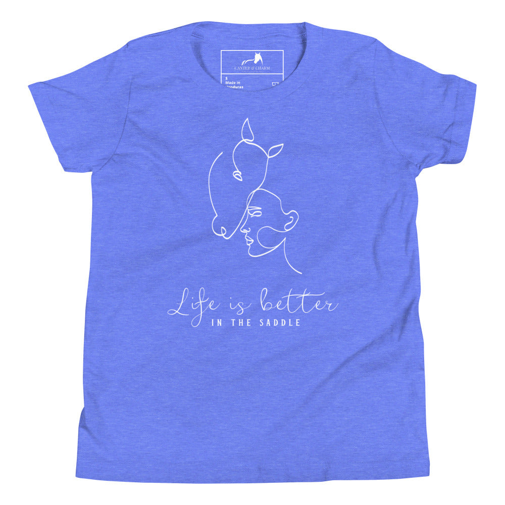 Youth Horse Tee, Life Better in Saddle, Line Drawing Girl Horse, Equestrian Kids Shirt, Horse Riding T-Shirt, Girls Boys Horse Lover Gift