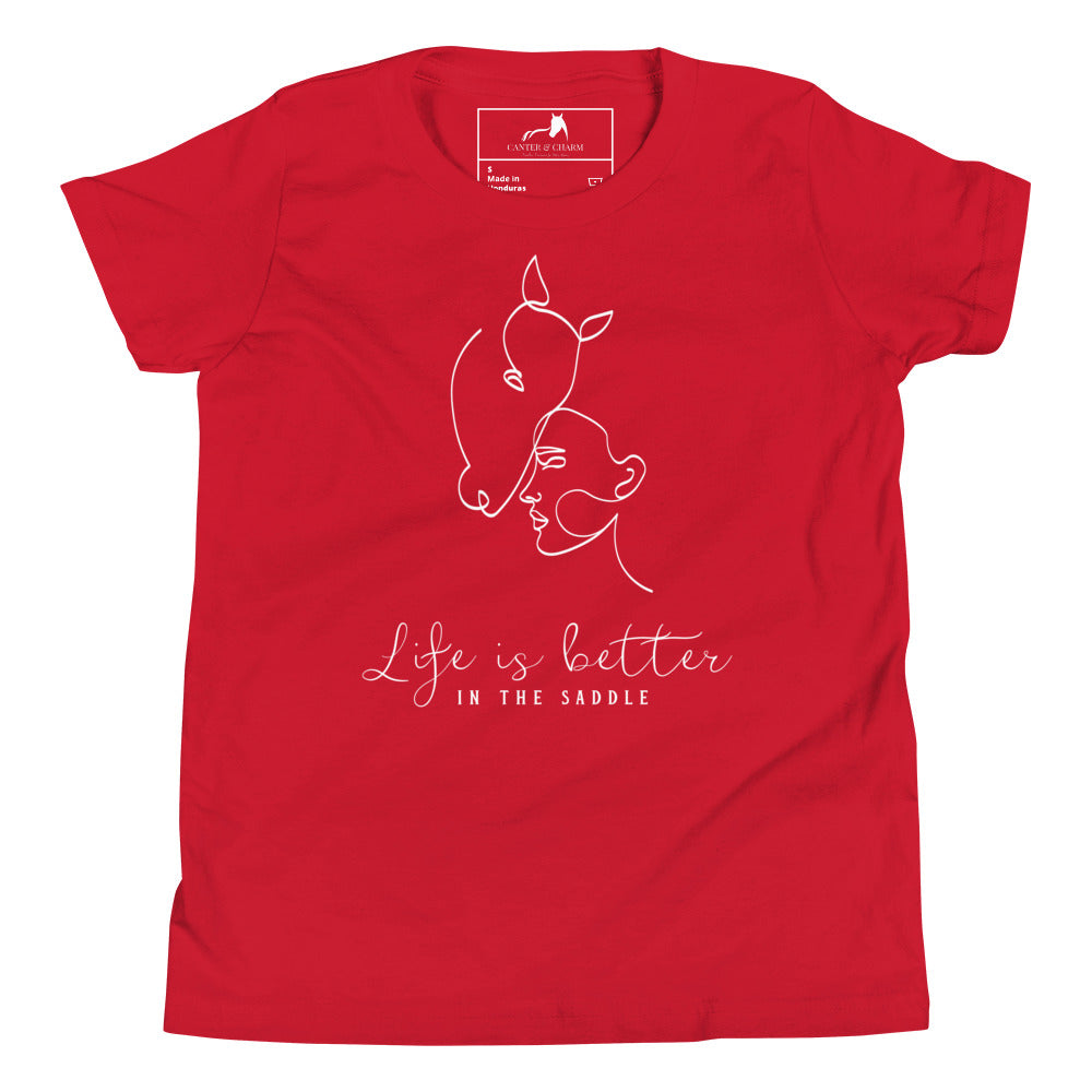 Youth Horse Tee, Life Better in Saddle, Line Drawing Girl Horse, Equestrian Kids Shirt, Horse Riding T-Shirt, Girls Boys Horse Lover Gift