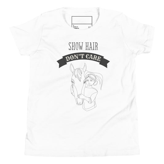 Show Hair Don't Care Youth Tee - Horse Show Shirt for Kids - Equestrian T-Shirt - Youth Horse Lover Shirt - Riding Apparel for Children